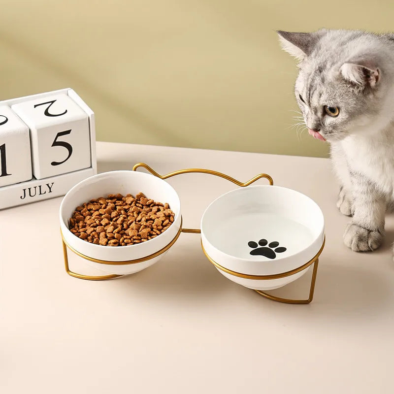 Ulmpp Cat Double Bowl with Stand and Mat